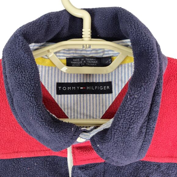 Vintage Tommy Hilfiger Fleece Mens Large Red Blue Rugby Stripe Pullover 2002 - Picture 4 of 9